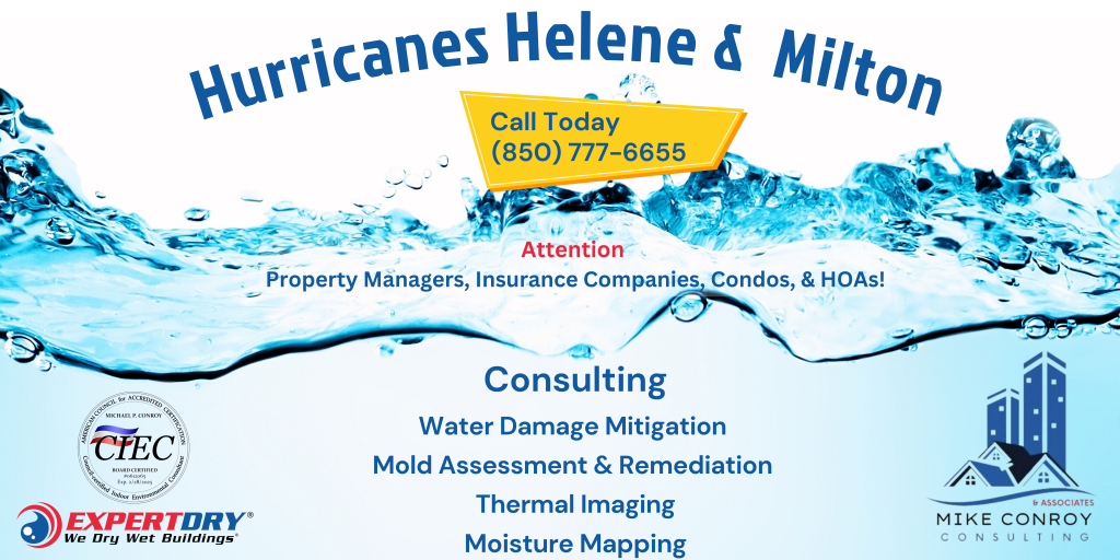 "Banner for Hurricane Helene and Hurricane Milton Recovery, highlighting consulting services for water damage mitigation, mold assessment and remediation, thermal imaging, and moisture mapping. The banner targets property managers, insurance companies, condos, and HOAs, with a call to action to contact 850-777-6655. Logos for Mike Conroy Consulting, Expert Dry (We Dry Wet Buildings), and the CIEC certification seal are featured."