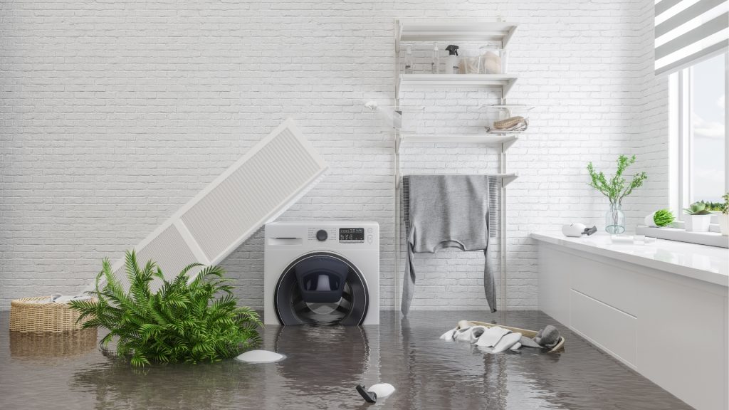 flooded room with washer dryer, plant and floor